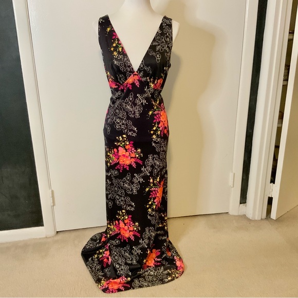 Low Cut Plunge Vintage Sexy Floral Flower Dress 10/L - Picture 2 of 6